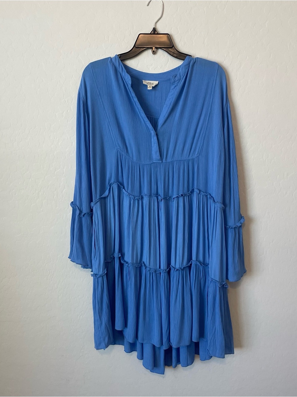 Elan Cornflower Blue Tiered Peasant V-Neck Mini Dress